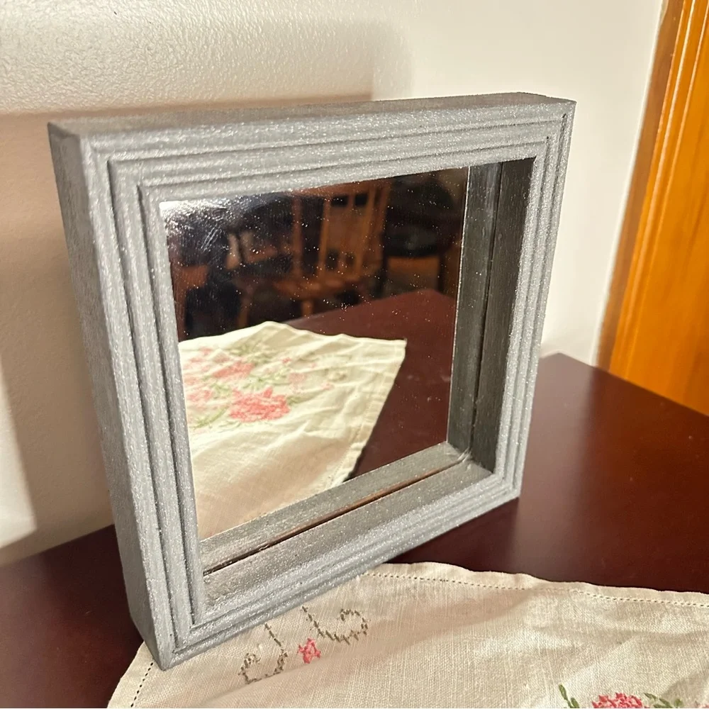Square Glitter Gray Painted Wood Framed Mirror – 8.25” Tabletop Decor